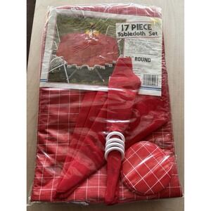 Vtg Vinyl Tablecloth Set NIP Red Fringed Napkins Placemats Coasters 70" Round
